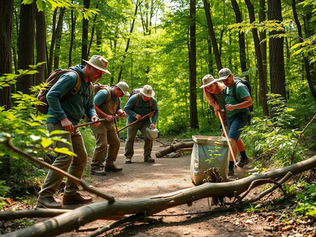 A group of volunteers clearing a hiking trail, showcasing community involvement and environmental conservation efforts.