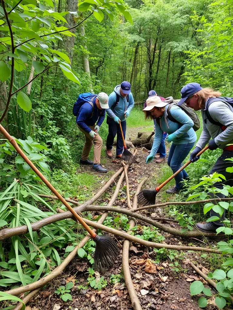 A group of volunteers working on trail maintenance, clearing debris and ensuring the path is safe and accessible for all hikers.