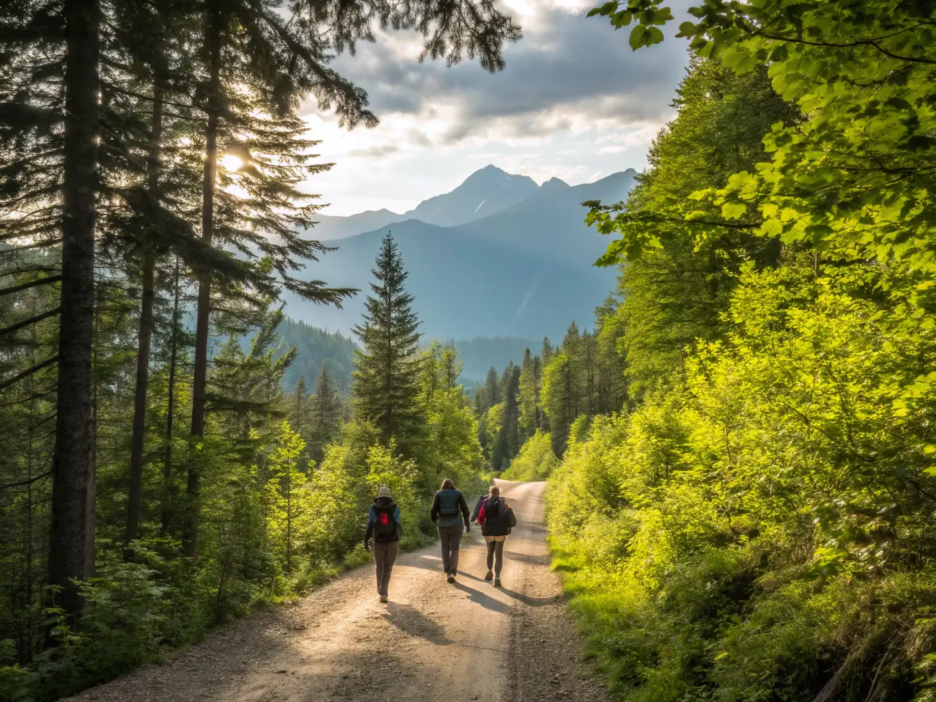 A group of hikers traversing a scenic mountain trail, surrounded by lush greenery and clear blue skies, showcasing the beauty of nature and the joy of outdoor activity.