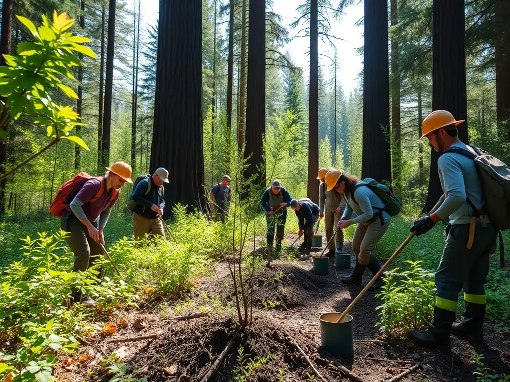 Volunteers planting trees along a hiking trail, demonstrating the organization's commitment to environmental conservation and sustainable tourism.
