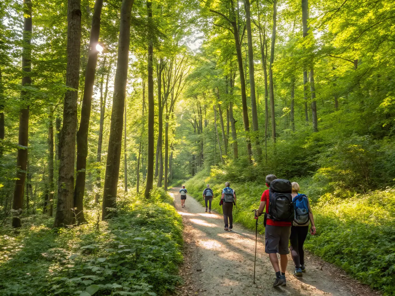 A group of hikers walking along a well-maintained trail in a lush forest, sunlight filtering through the trees, showcasing a guided hiking program.