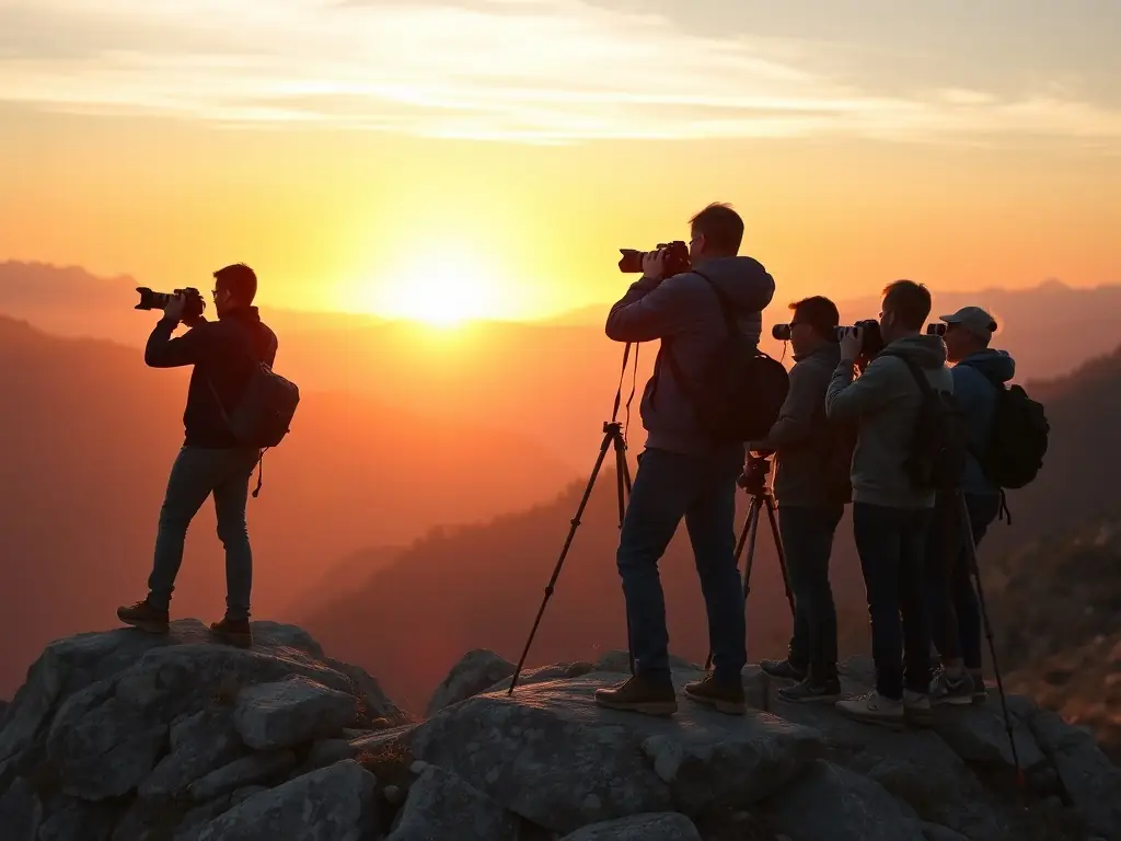 A group of people participating in a nature photography workshop, capturing the beauty of the landscape, showcasing the photography workshops.
