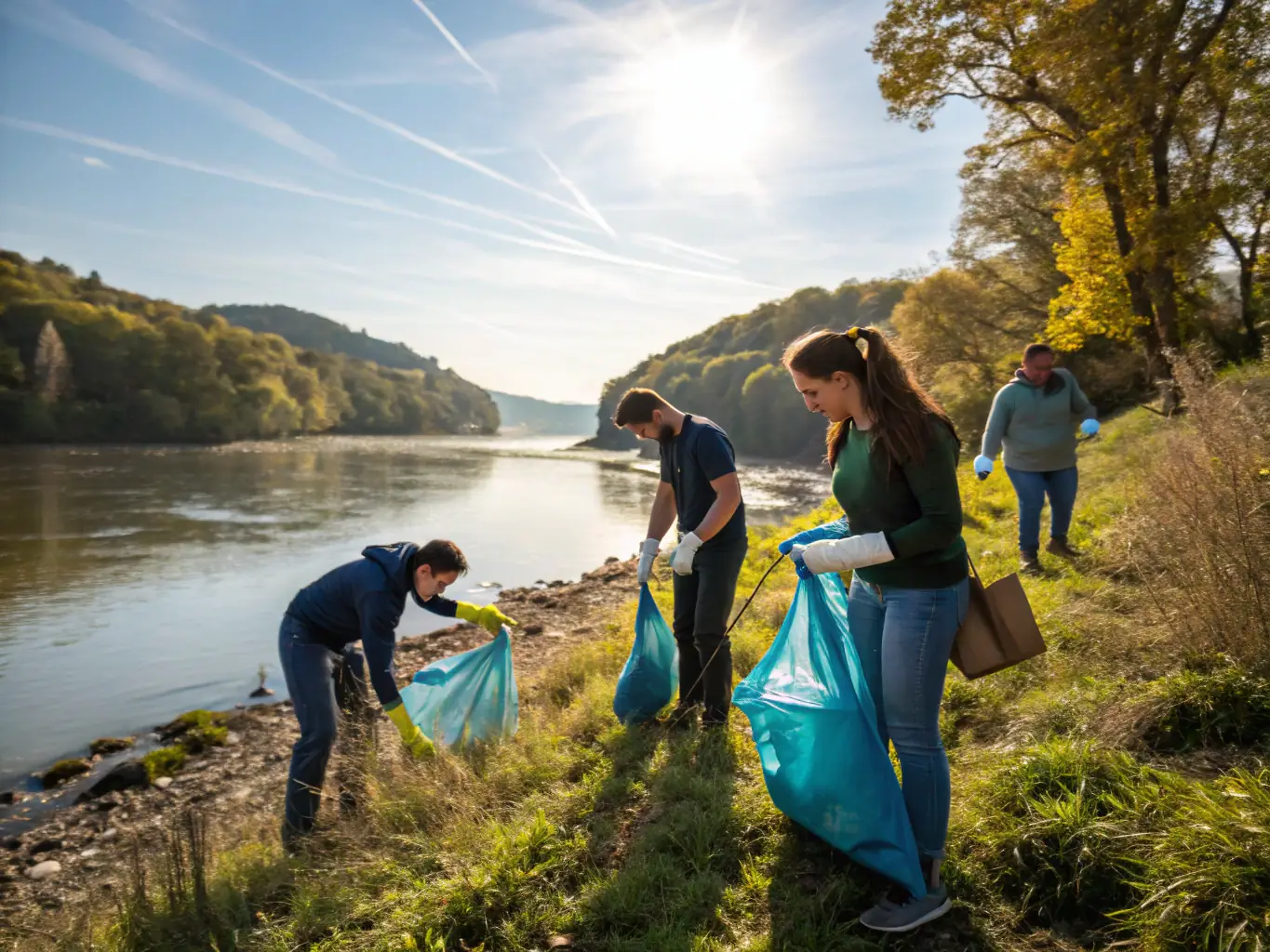 A diverse group of people participating in a community cleanup event along a hiking trail, highlighting the organization's focus on community engagement and environmental stewardship.