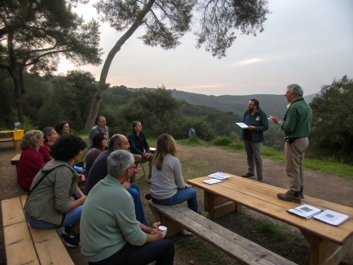 A group of people participating in an outdoor educational workshop, learning about local ecology and sustainable practices.